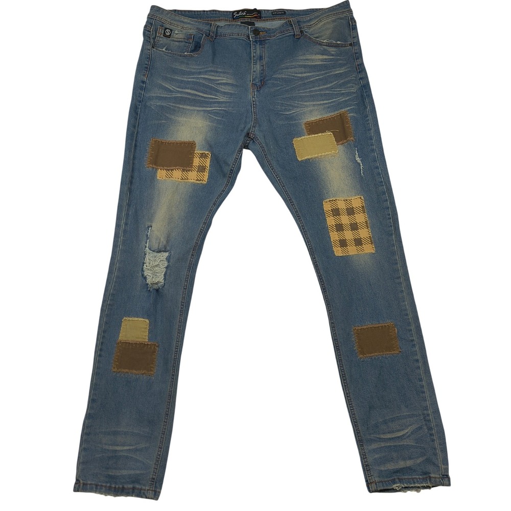 Switch Remarkable Mens Slim Taper Fit Patchwork Distressed Blue Jeans 42x34